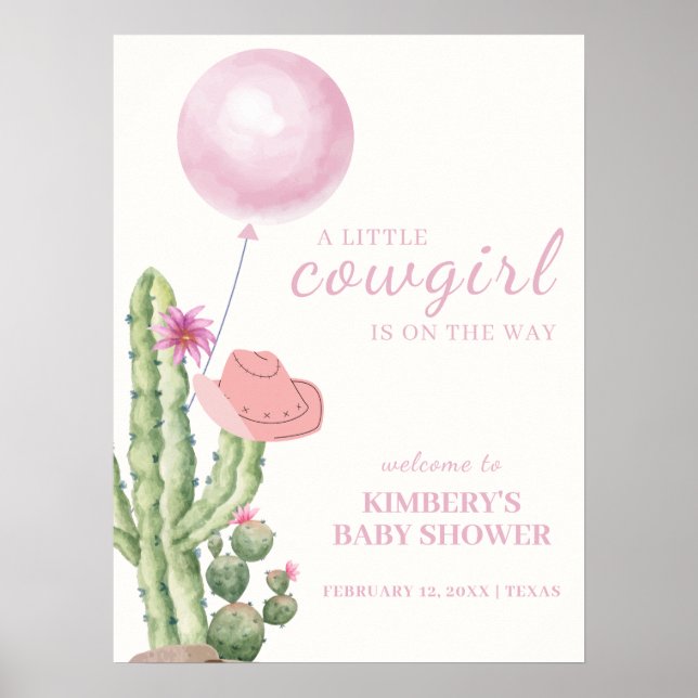 Póster Bienvenida Baby Shower de Cactus Balloon Cowgirl (Frente)