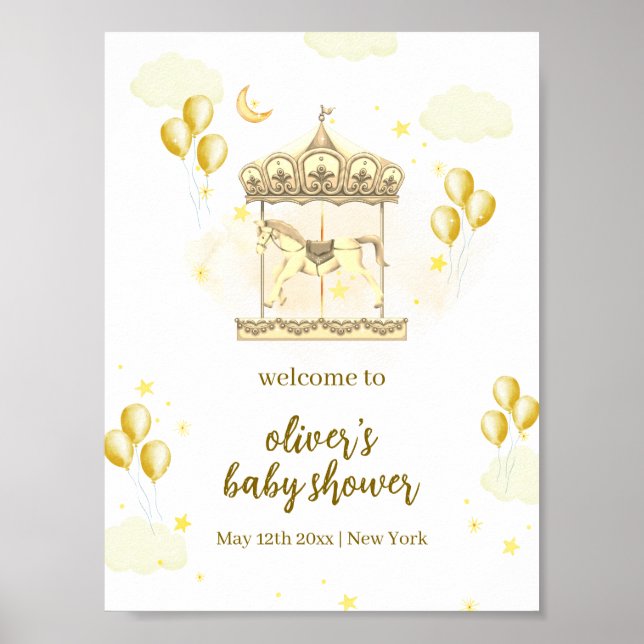 Póster Bienvenida Baby Shower de Carrusel Mágico Gold Ele (Frente)
