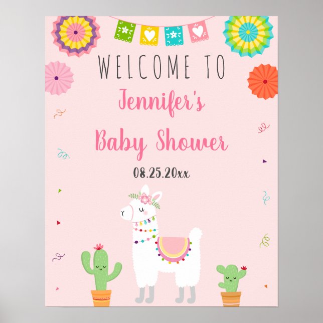 Póster Bienvenida Baby Shower de Cute Llama Fiesta Cactus (Frente)