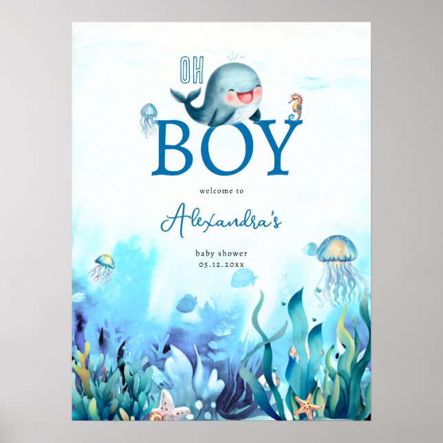 Póster Bienvenida Baby Shower de Cute Whale Under Sea Boy (Frente)