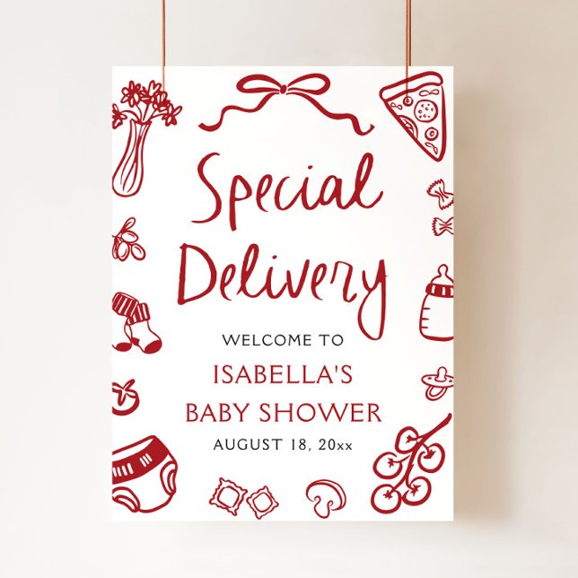Póster Bienvenida Baby Shower de entrega especial Pizza e (Hand drawn Italian Pizza Special Delivery Baby Shower Welcome)