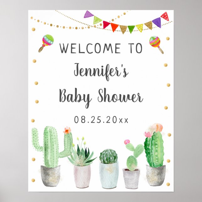 Póster Bienvenida Baby Shower de Gold Fiesta Cactus (Frente)