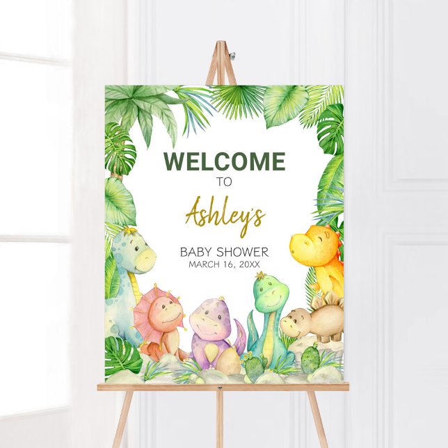 Póster Bienvenida Baby Shower de Greenery Boy Dinosaur (Rawr! It's a Boy Dino Baby Shower Welcome Sign)