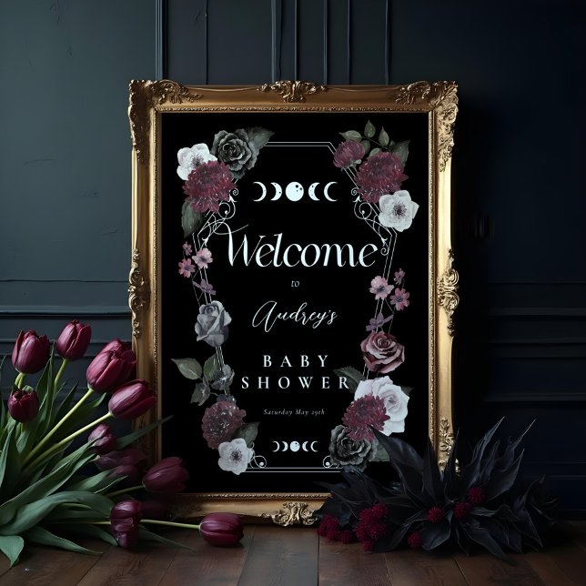 Póster Bienvenida Baby Shower de Halloween, Gótico floral (Vintage Floral Goth Halloween Baby Shower Welcome Poster)