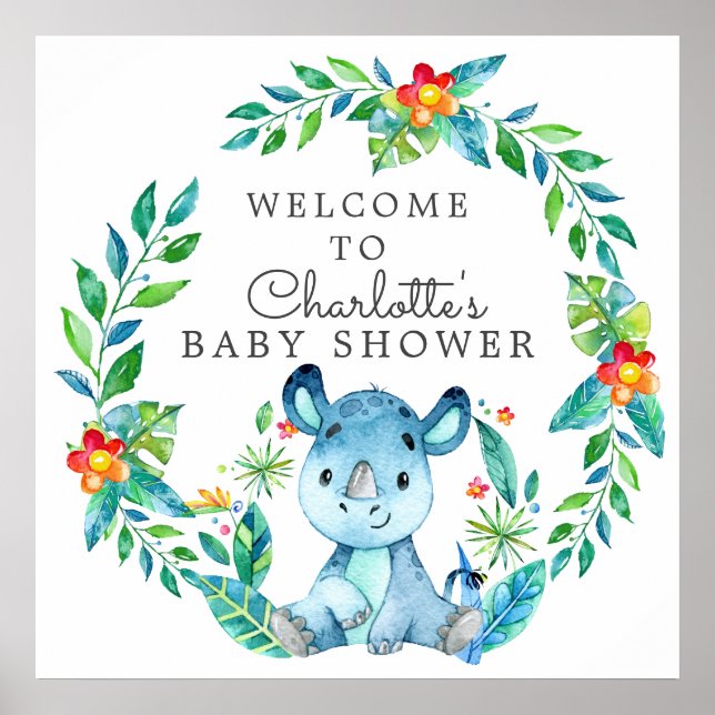 Póster Bienvenida Baby Shower de Jungle Rhino (Frente)
