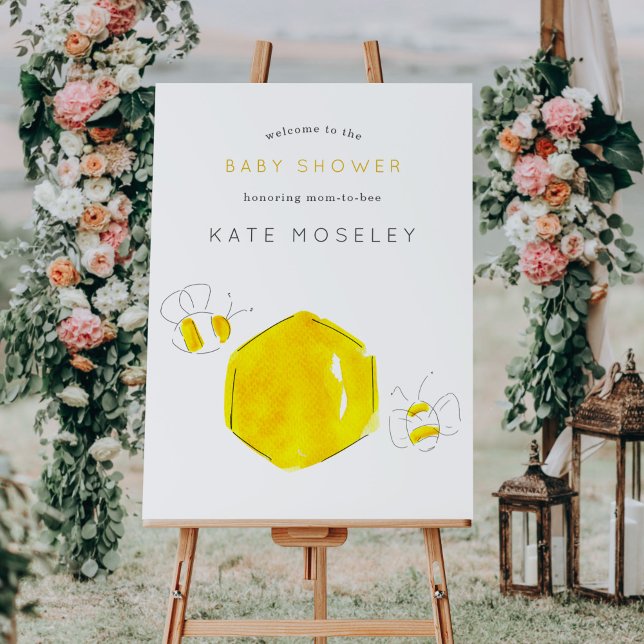 Póster Bienvenida Baby Shower de la burbuja amarilla de c (Watercolor buzzing bees honeycomb Baby Shower welcome poster sign.)