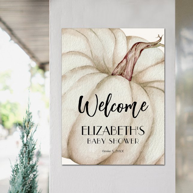 Póster Bienvenida Baby Shower de la caída de la calabaza  (White Pumpkin Fall Baby Shower Welcome Sign Poster)