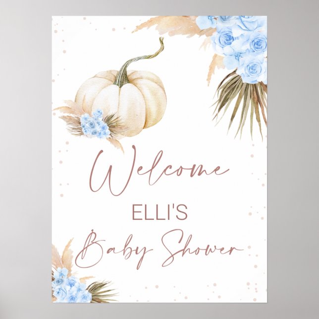 Póster Bienvenida Baby Shower de la calabaza floral azul  (Frente)