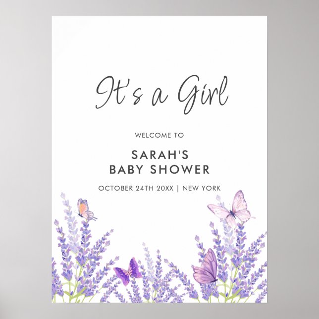 Póster Bienvenida Baby Shower de la mariposa de Lavender (Frente)