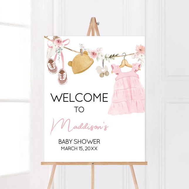 Póster Bienvenida Baby Shower de la ropa de bebé dulce Gi (Sweet Baby Girl Boho Clothes Baby Shower Welcome Sign)