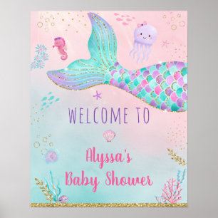 Póster Bienvenida Baby Shower De La Sirenita Rosa Bajo El