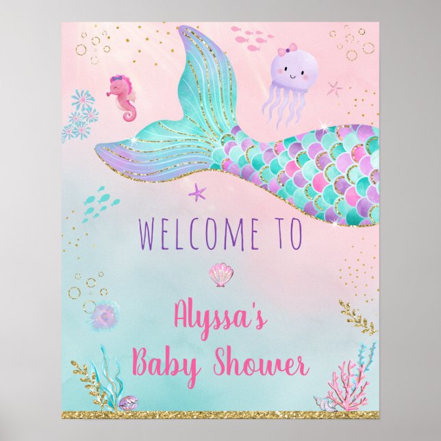 Póster Bienvenida Baby Shower De La Sirenita Rosa Bajo El (Frente)