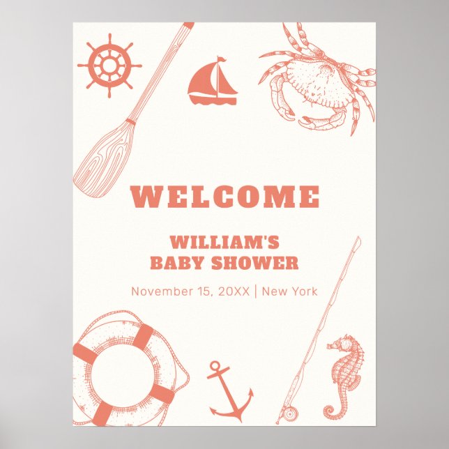 Póster Bienvenida Baby Shower de Neutral Nautical Fishing (Frente)