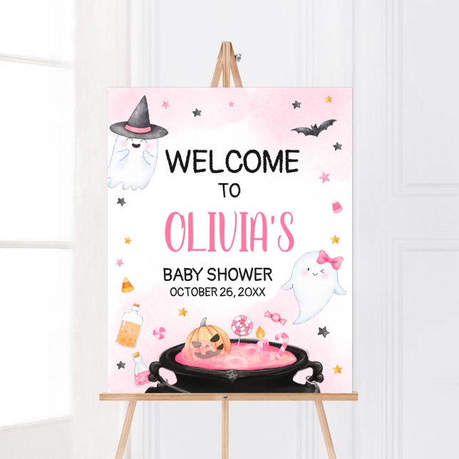 Póster Bienvenida Baby Shower de Oh Sheet Ghoul Halloween (Pink Oh Sheet Baby Shower Welcome Sign)