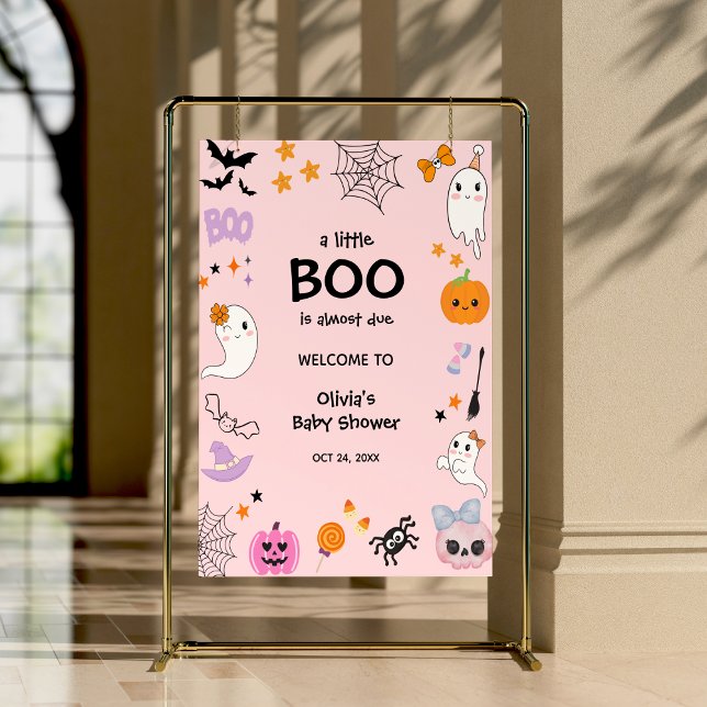 Póster Bienvenida Baby Shower De Pink A Little Boo Hallow (Pink A Little Boo Halloween Baby Shower Welcome Sign )