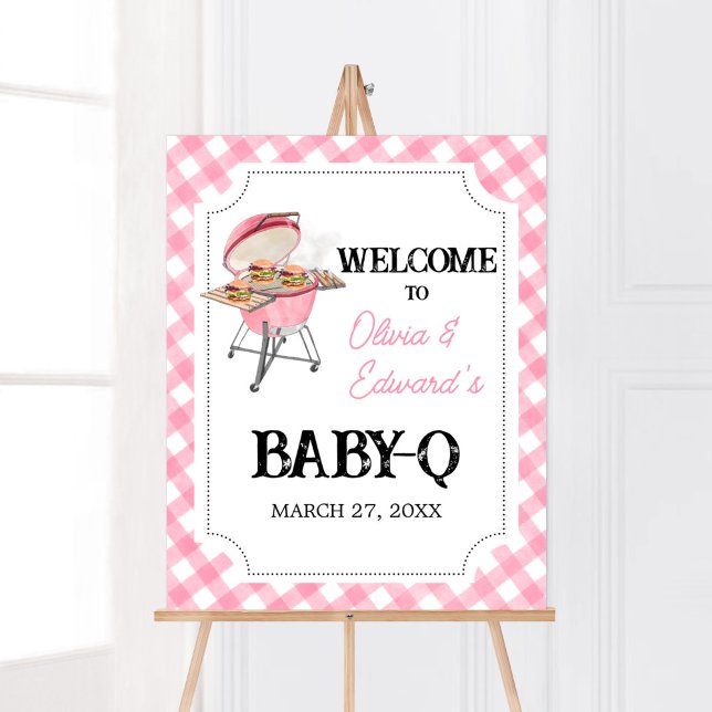 Póster Bienvenida Baby Shower de Pink Burger BBQ (Girl Backyard BBQ Baby Shower Welcome Sign)
