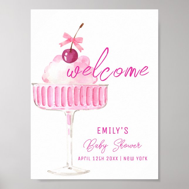 Póster Bienvenida Baby Shower de Pink Cherry Champagne Br (Frente)