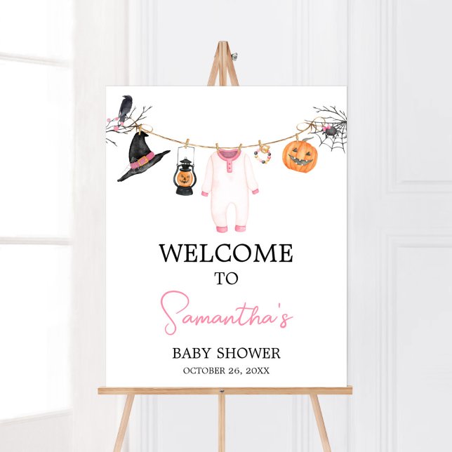 Póster Bienvenida Baby Shower de Pink Little Boo Hallowee (Halloween Baby Clothes Baby Shower Welcome Sign)