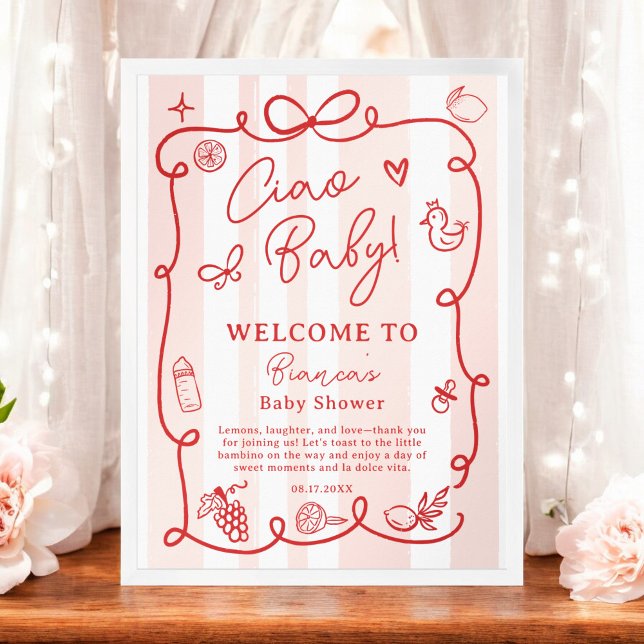 Póster Bienvenida Baby Shower de Red Retro Italiano Lemon (Red Retro Italian Lemon Ciao Baby Shower Welcome Poster)