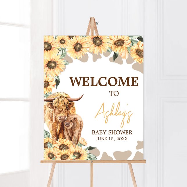 Póster Bienvenida Baby Shower de Sunflower Highland Cow (Summer Holy Cow Baby Shower Welcome Sign)