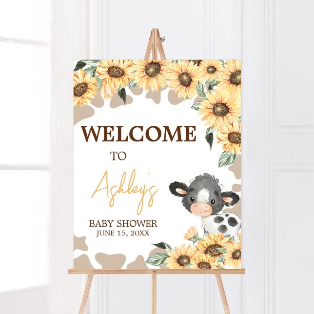 Póster Bienvenida Baby Shower de Sunflower Holy Cow (Summer Highland Cow Baby Shower Welcome Sign)