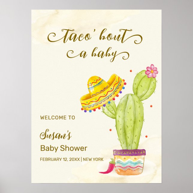 Póster Bienvenida Baby Shower de Taco 'Bout A Baby Cactus (Frente)