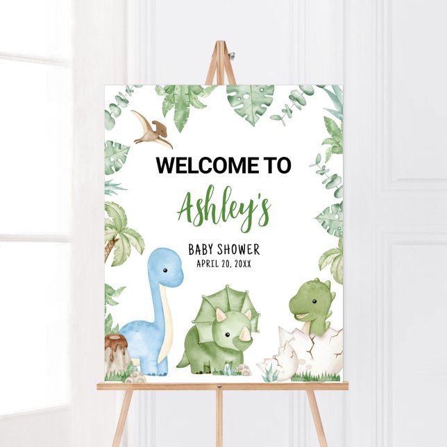 Póster Bienvenida Baby Shower de un niño dinosaurio (Greenery Boy Dinosaur Baby Shower Welcome Sign)