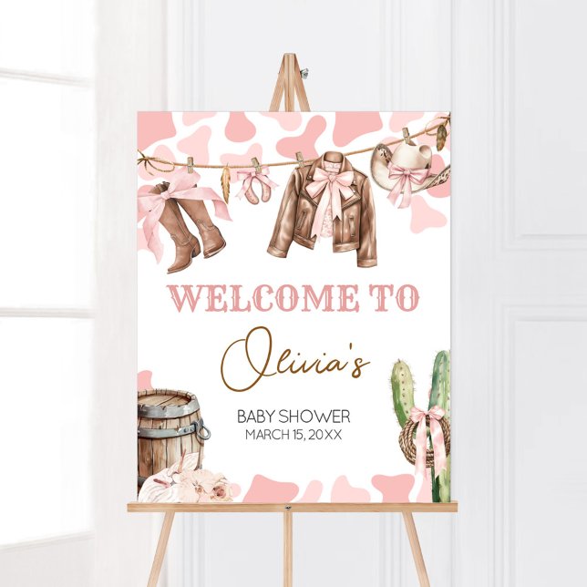 Póster Bienvenida Baby Shower de una niña pequeña (A Little Cowgirl Clothesline Baby Shower Welcome Sign)