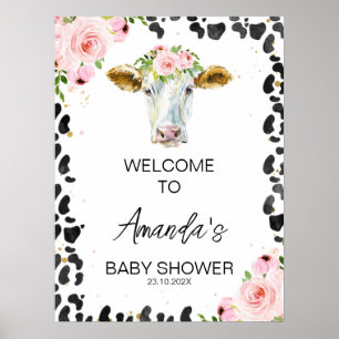 Póster Bienvenida Baby Shower de vaca floral rosa Imprimi