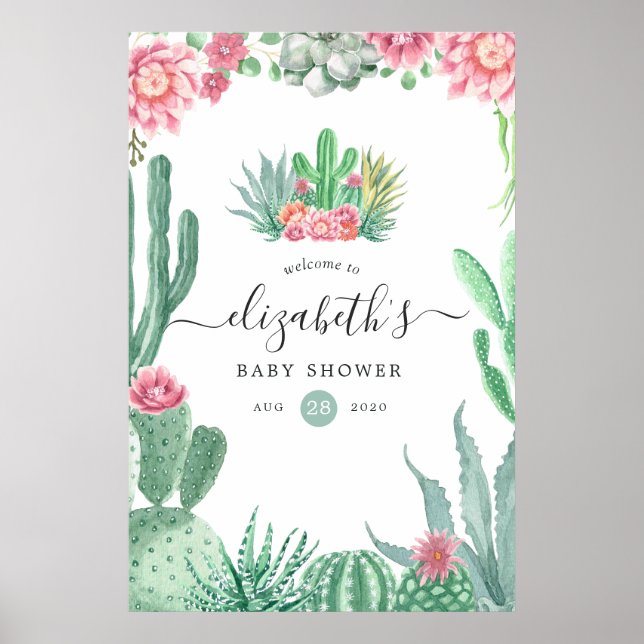 Póster Bienvenida Baby Shower de Watercolor Succulens (Frente)