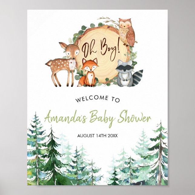 Póster Bienvenida Baby Shower de Woodland Forest Oh Boy (Frente)