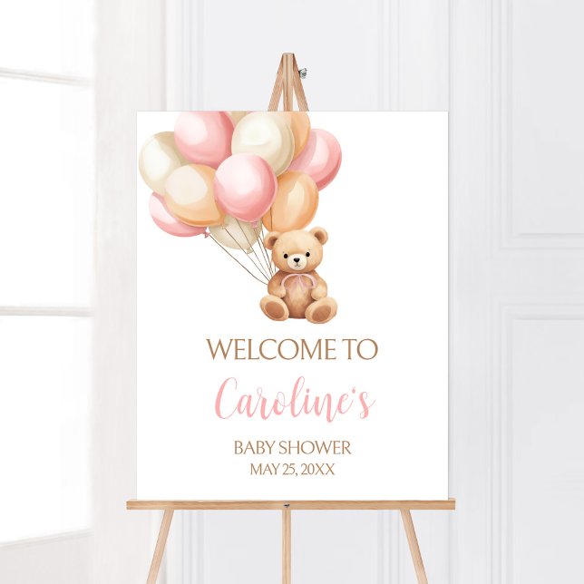 Póster Bienvenida Baby Shower del Boho Bear con globo ros (We Can Bearly Wait Girl Baby Shower Welcome Sign)
