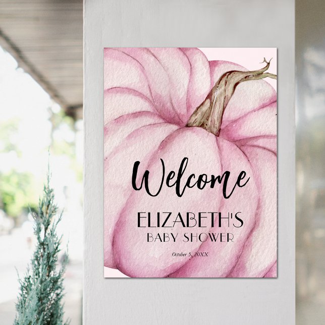 Póster Bienvenida Baby Shower del Chica de calabaza rosa (Pink Pumpkin Girl Baby Shower Welcome Sign Poster)