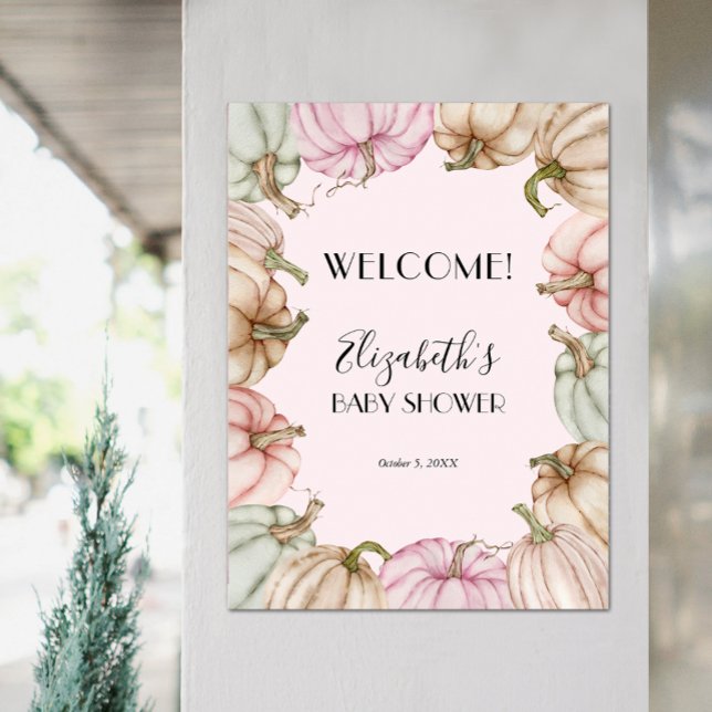 Póster Bienvenida Baby Shower del Chica de calabaza rosa (Pink Pastel Pumpkin Girl Baby Shower Welcome Poster)