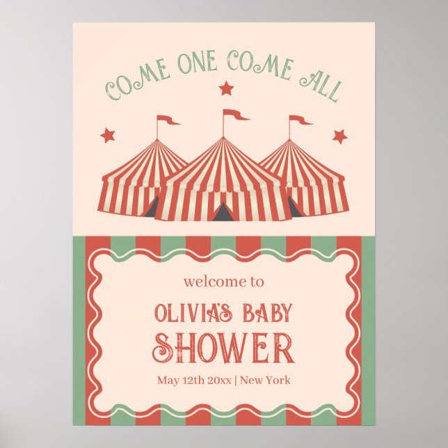 Póster Bienvenida Baby Shower del circo del carnaval retr (Frente)