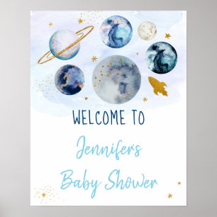 Póster Bienvenida Baby Shower del Galaxy Blue Gold