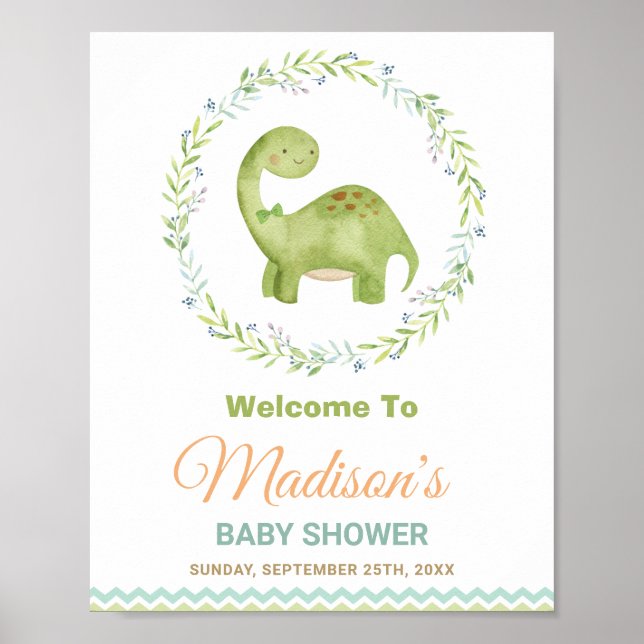 Póster Bienvenida Baby Shower del niño de los dinosaurios (Frente)