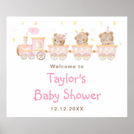 Póster Bienvenida Baby Shower del tren rosa de oso