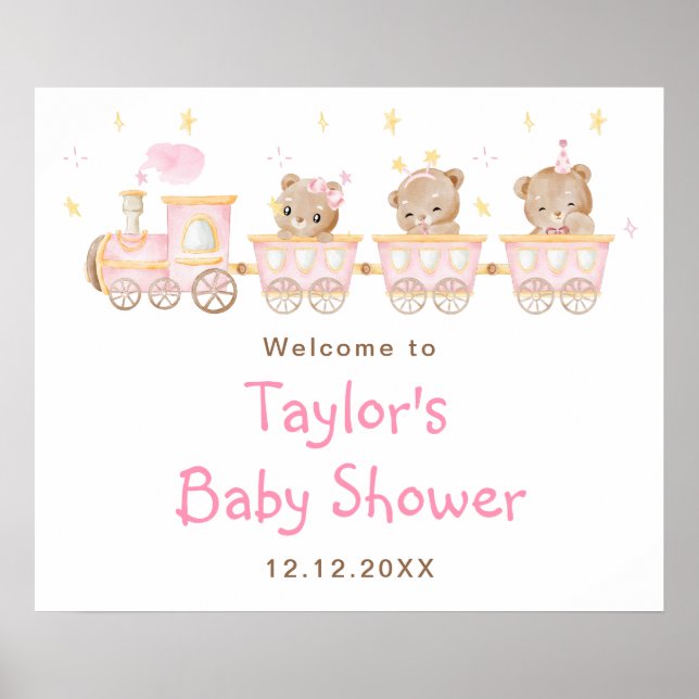 Póster Bienvenida Baby Shower del tren rosa de oso (Frente)