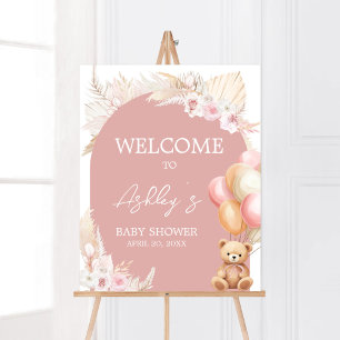 Póster Bienvenida Baby Shower en globo de oso rosa