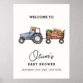 Póster Bienvenida Baby Shower Farm Tractor Teddy Bear