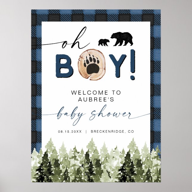 Póster Bienvenida Baby Shower FROST Blue Flannel Pine Bea (Frente)