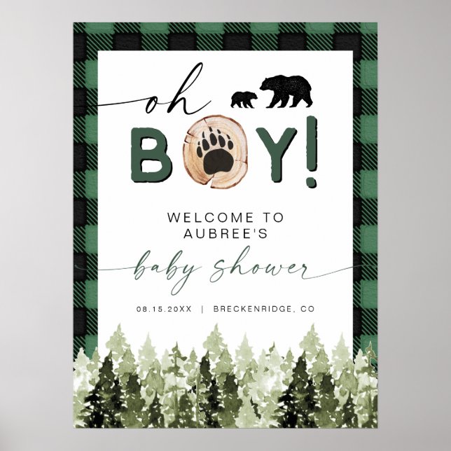 Póster Bienvenida Baby Shower FROST Green Flannel Pine Be (Frente)