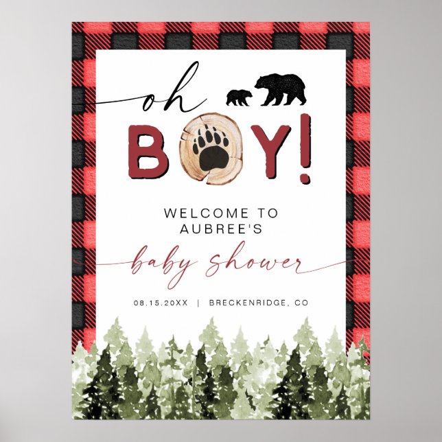 Póster Bienvenida Baby Shower FROST Red Flannel Pine Bear (Frente)