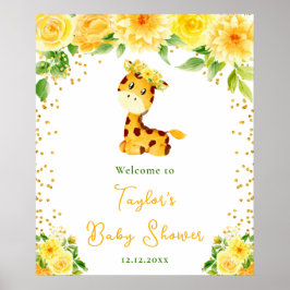 Póster Bienvenida Baby Shower Giraffe Yellow Floral