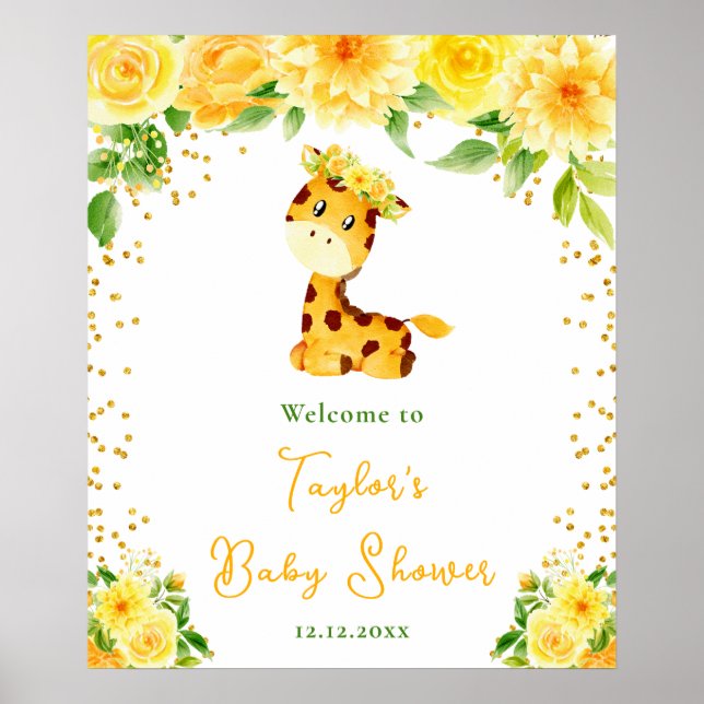 Póster Bienvenida Baby Shower Giraffe Yellow Floral (Frente)