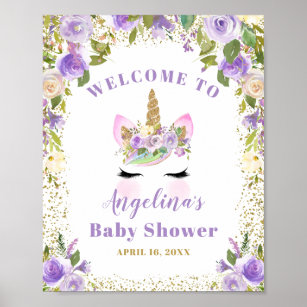 Póster Bienvenida Baby Shower Gold Purple Floral Unicorni
