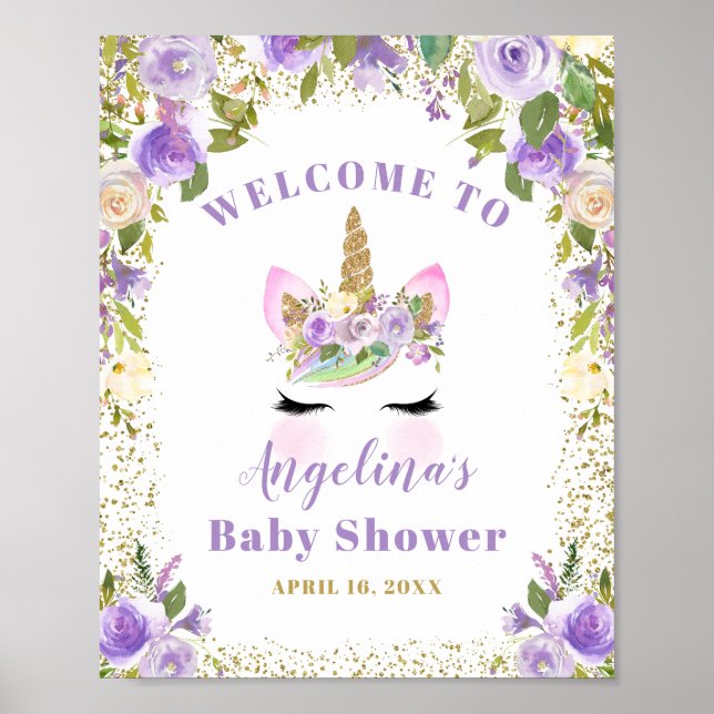 Póster Bienvenida Baby Shower Gold Purple Floral Unicorni (Frente)