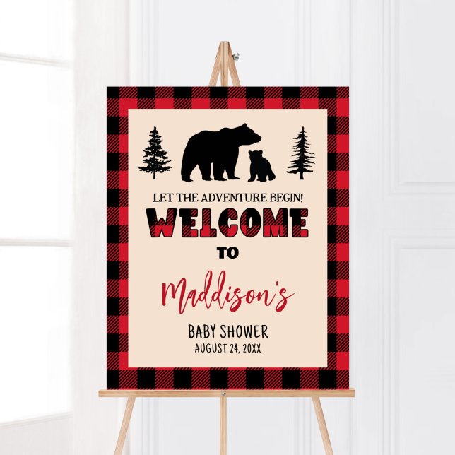 Póster Bienvenida Baby Shower Lumberjack Bear Cub (Bear Cub Plaid Lumberjack Baby Shower Welcome Sign)
