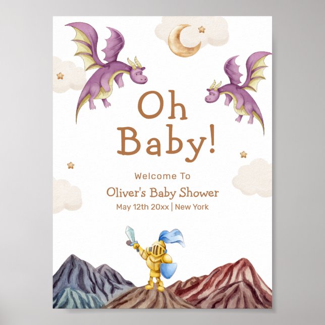 Póster Bienvenida Baby Shower Medieval Fairytale Dragon B (Frente)
